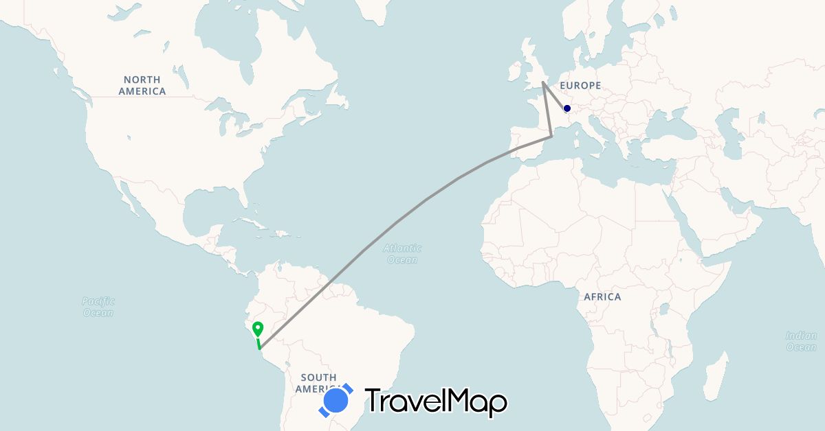 TravelMap itinerary: driving, bus, plane in Switzerland, Spain, France, United Kingdom, Peru (Europe, South America)